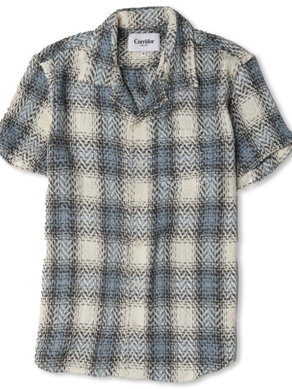 Corridor New York Macro Plaid short sleeve knit vacation shirt Moontide blue